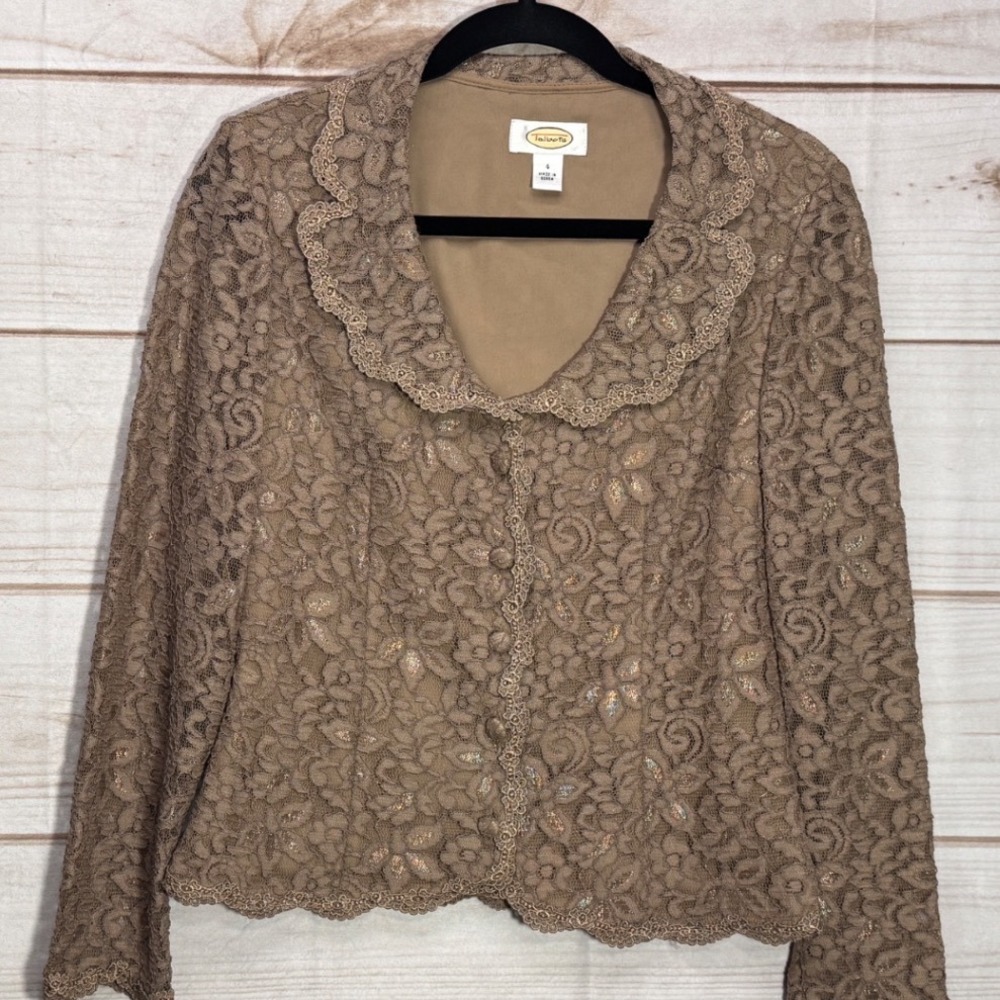 Talbots Brown Gold Metallic Floral Lace Button Front Jacket Scalloped Collar 4